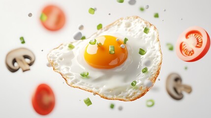 Heart shaped fried egg with fresh ingredients floating around