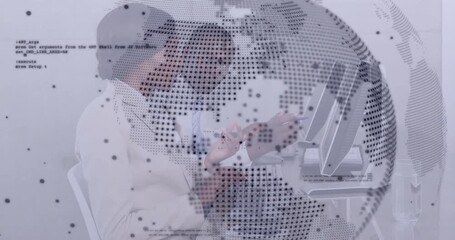 Professional typing code under globe overlay as colleague leaning showing terminal aiding debugging - Powered by Adobe