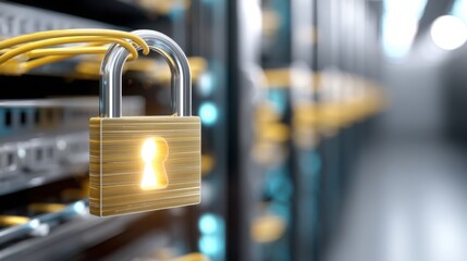 digital padlock icon shining on blurred server room background with glowing cables, concept of cybersecurity and data protection