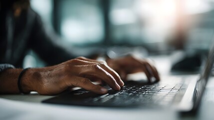 Close up of hands typing on a laptop keyboard in a softly lit office environment