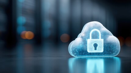 digital padlock inside a cloud icon glowing above blurred data center, concept of cloud security and privacy