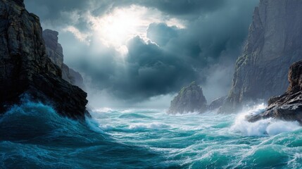 dramatic ocean cliffs, crashing waves, stormy skies with sun breaking through, deep blue and turquoise tones, ultra realistic textures, cinematic
