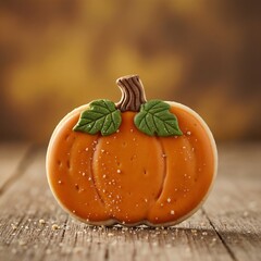 Pumpkin-shaped cookies decorated with icing on wooden table with warm autumn background