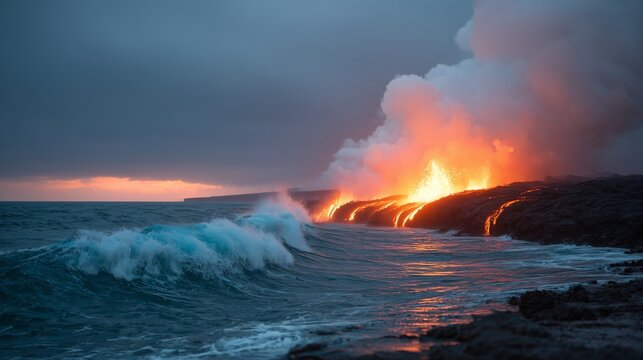 Molten lava flows into icy ocean waves in a dramatic clash of fire and water, creating steam, glowing light, and intense natural contrast in a volcanic coastal scene.