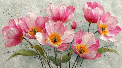Vibrant Pink Flowers Impasto Painterly Style Artwork