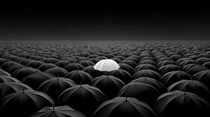 Fototapeta premium White umbrella distinct among black ones symbolizing uniqueness and standout
