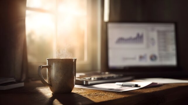 A steaming mug of coffee sits on a wooden desk next to a laptop displaying financial charts illuminated by morning sunlight