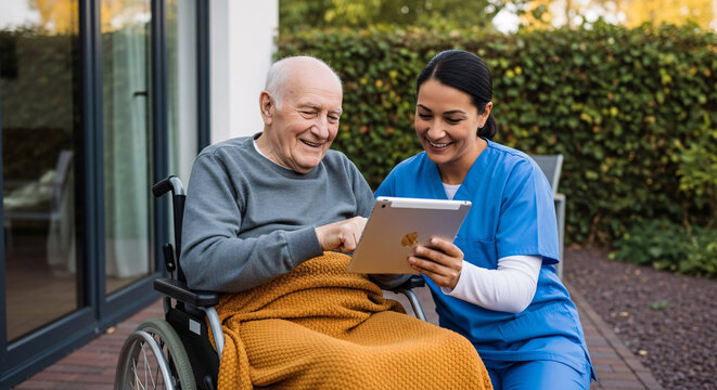 Digital Connection: An elderly man in a wheelchair connects and interacts using a digital tablet with a health aide, exemplifying modern care.