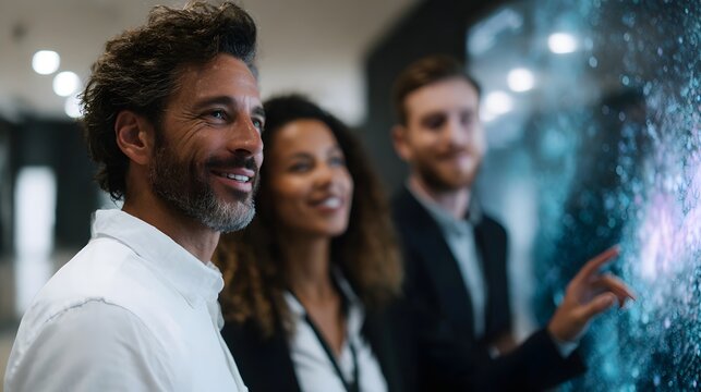 Diverse professionals collaborating interacting with a futuristic glowing digital screen in a modern business environment