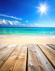 Fototapeta premium Sandy beach, turquoise water, bright sun, and wooden boardwalk in tropical paradise