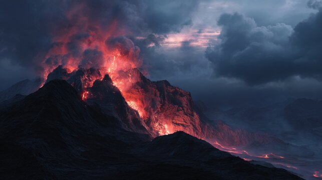 dramatic volcanic eruption, glowing lava flowing down rugged mountains, dark smoke and ash clouds, cinematic lighting, ultra realistic textures - Powered by Adobe
