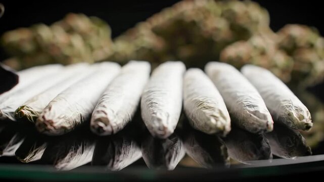 Macro ECU video of aligned cannabis joints with textured tips on black reflective surface, rack focus to sharp buds in chiaroscuro lighting. High-end product concept