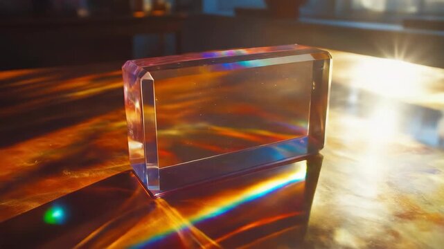 Clear rectangular crystal prism on a surface, reflecting and refracting colorful sunlight