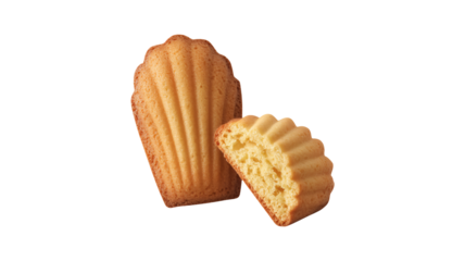 Golden brown madeleine cookies, perfect for a sweet treat, displayed with one halved for a tempting view of its soft, buttery interior texture