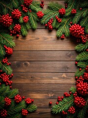 Christmas decoration with evergreen branches and red berries on wood