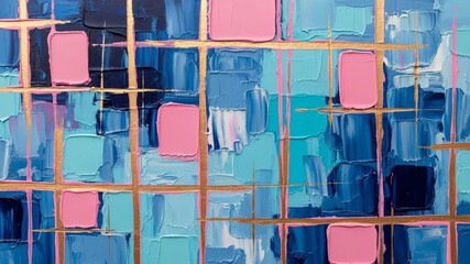 Abstract art with pink squares and gold lines, blue background. - Powered by Adobe