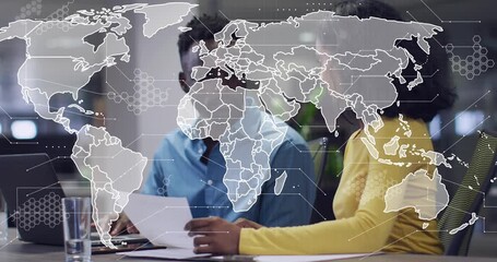 Woman and man reviewing docs and typing on laptop in business input activating network map overlay - Powered by Adobe