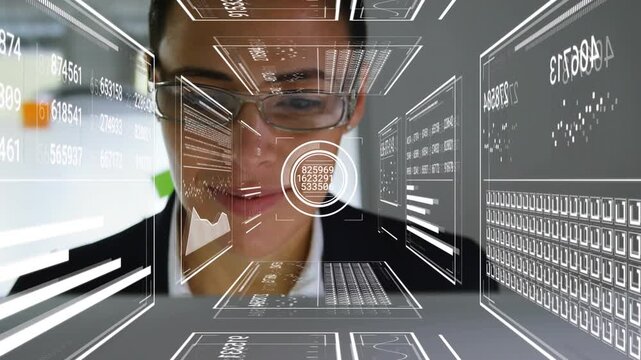 Analyst opening laptop projecting tech interface around head and monitoring data until retracting