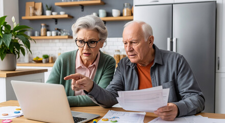 Focused Couple Reviewing Financials: A senior couple deeply engrossed in reviewing their finances, analyzing documents and using a laptop in their cozy home setting.