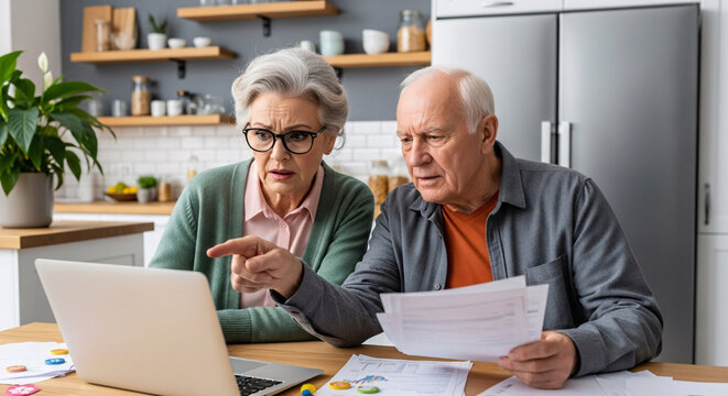 Focused Couple Reviewing Financials: A senior couple deeply engrossed in reviewing their finances, analyzing documents and using a laptop in their cozy home setting.
