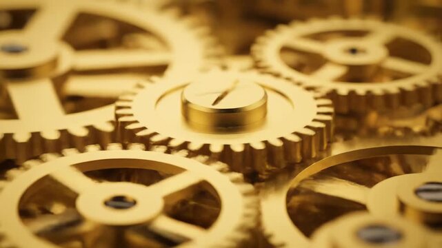 Close up view of finely detailed golden gears and cogs interlocking and turning smoothly in a clockwork mechanism, showcasing the intricate inner workings in perfect harmony