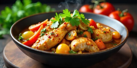 Fototapeta premium Aromatic Chicken Stew with Colorful Vegetables and Herbs in a Rustic Bowl