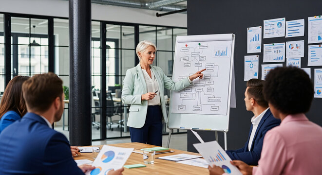 Corporate Presentation: A focused business professional, delivers a compelling presentation to a diverse team, with a flip chart and charts displayed.