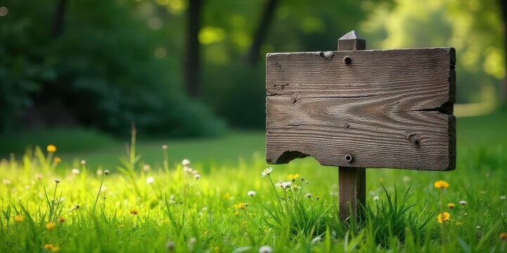 Rustic wooden signpost in a vibrant meadow, showcasing a blank space for your message, perfect for nature-themed announcements or inspirational quotes.