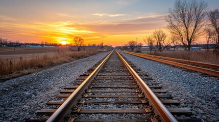 empty train tracks leading into horizon, golden sunset, hope and movement, simple and emotional