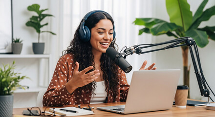 Podcaster in Action: A vibrant young woman with headphones, immersed in the creative process of a podcast, radiating energy and passion. Her bright smile and animated gestures.