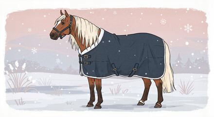 Horse wearing a winter blanket standing in the snow during winter  