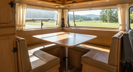 Camper dining bench with table in sunlight inside a vehicle  
