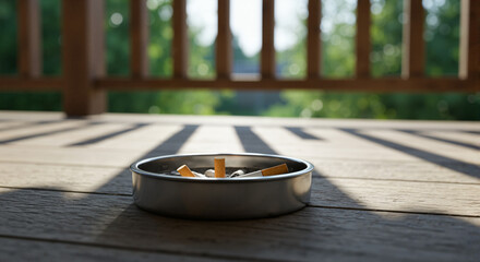 Ashtray on porch with cigarette butts on wooden deck in sunlight  