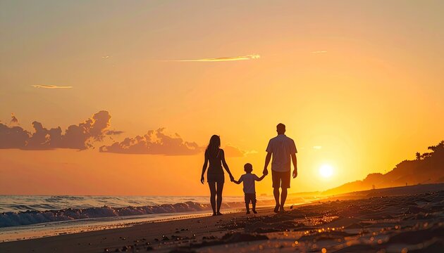 Family walks along beach at sunset, holding hands, silhouetted against a vibrant orange sky - Powered by Adobe