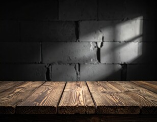 Wooden table against a dark brick wall with light patterns