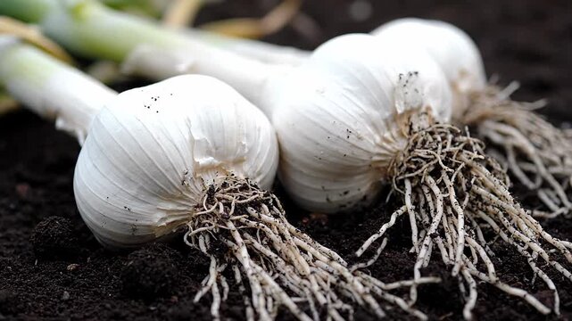 Close up shot of freshly harvested garlic bulbs with vibrant green stems and roots intact, set against the rich, fertile soil of a garden. Fresh and healthy vegetables resting on the ground