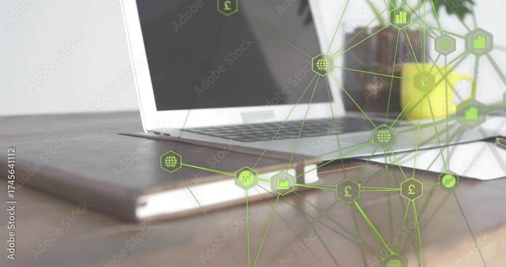Wall mural upon loading network overlay expanding across laptop and workspace objects, visualizing data flow