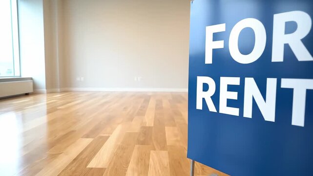 For Rent sign displayed in a vacant apartment featuring beautiful hardwood floors. This image represents the real estate market concept of leasing empty houses or condo units