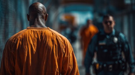 The prisoners are walking in the prison corridor.