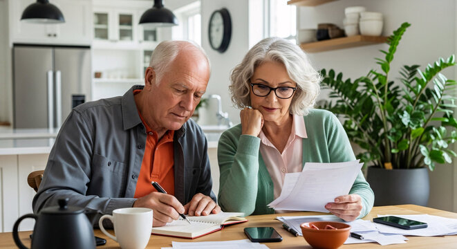 Financial Planning for Senior Couple: Focused senior couple meticulously reviews documents and makes calculations at a table in their home.