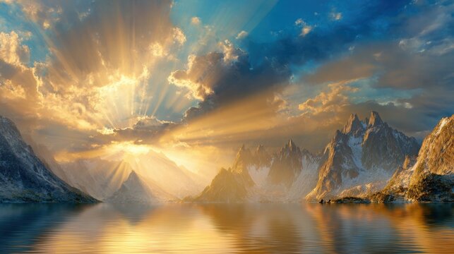 epic breathtaking landscape, dramatic lighting with golden sun rays piercing through clouds, towering mountains, crystal clear lake reflecting sky - Powered by Adobe