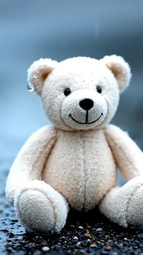 Sweet White Teddy Bear Sitting Alone in Gentle Rain on Wet Pebbles Plush Toy Soaked with Water Droplets Capturing a Peaceful Mood