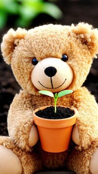 Cute Teddy Bear Holding Small Seedling in a Terracotta Pot Symbolizing New Life and Growth Perfect for Nature Children and Environmental Themes