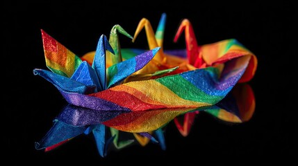 Colorful origami cranes in a rainbow pattern, reflecting on a glossy black surface