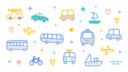 Flat colorful vector doodle icons of cars, buses, planes, trains, bicycles, boats. Vector set.