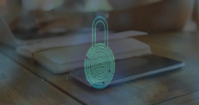 Smartphone showing padlock scanning fingerprint while woman typing on laptop ensuring cybersecurity - Powered by Adobe