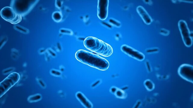 Close up animation of bacterial reproduction through binary fission, depicted in a scientific and medical manner, showcasing microscopic life against a backdrop of blue