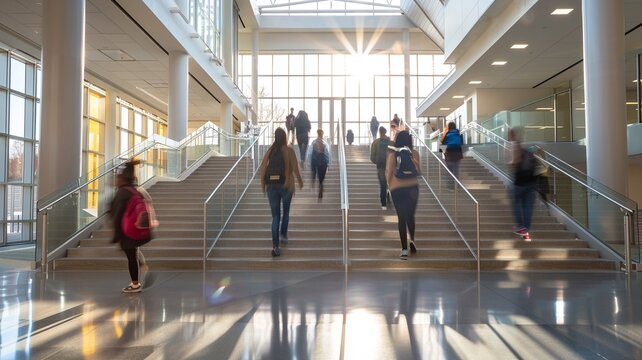 Blurred students in motion through a bright, spacious school atrium with large windows and wide stairs, bathed in morning sun.