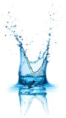 Water splash in blue, crown-like shape, with droplet details and a reflective pool