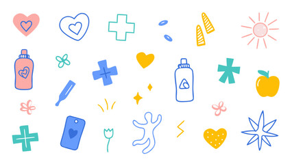 Flat colorful vector doodle icons of hearts, pills, first aid crosses, yoga poses, water bottles, apples. Vector set.